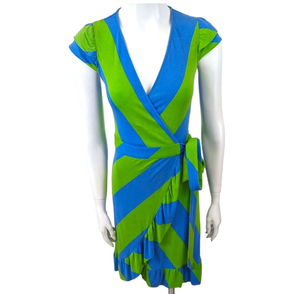 Lilly Pulitzer Adriel Knit Wrap Dress Stripe Womens XS Blue Green Short Sleeve